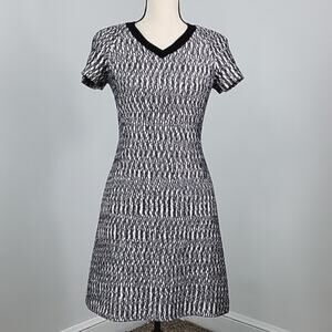 Tory Burch Marbled Woven Tweed V-Neck A-Line Black White Navy Dress 0‎